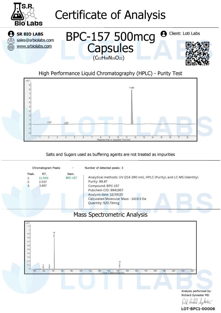 Certificate of analysis for BPC-157 Capsules (500mcg/capsule, 30 capsules) with HPLC purity test, mass spectrometry results, and full product details for client Loti Labs.