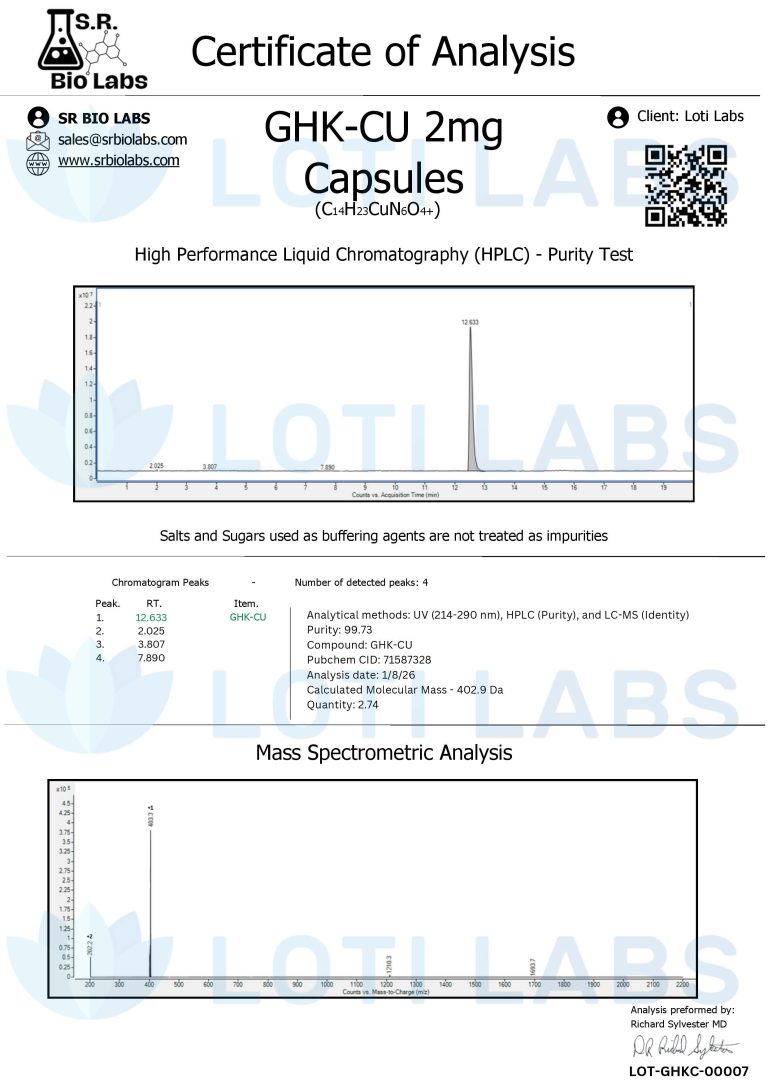 Certificate of analysis for GHK-Cu Capsules (2mg/capsule, 30 capsules) from SR Bio Labs, includes HPLC purity test, mass spectrometry data, and full product specifications.