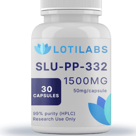 A white bottle labeled "SLU-PP-332 Capsules (50mg/capsule, 30 capsules)" contains 30 capsules (99% purity, HPLC); for Research Use Only.