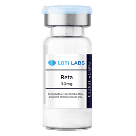 A clear vial labeled "Reta 30mg" contains purity-tested retatrutide, marked for laboratory, analytical, and research use only.