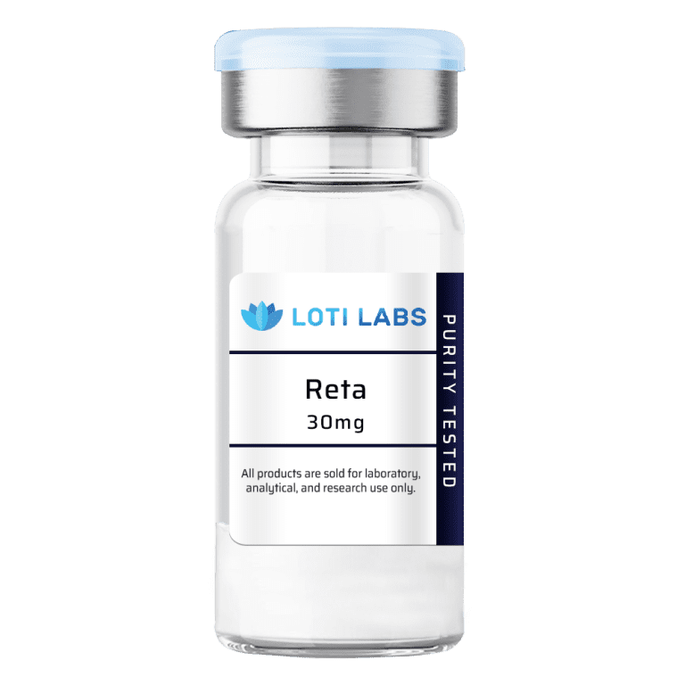 A clear vial labeled "Reta 30mg" contains purity-tested retatrutide, marked for laboratory, analytical, and research use only.