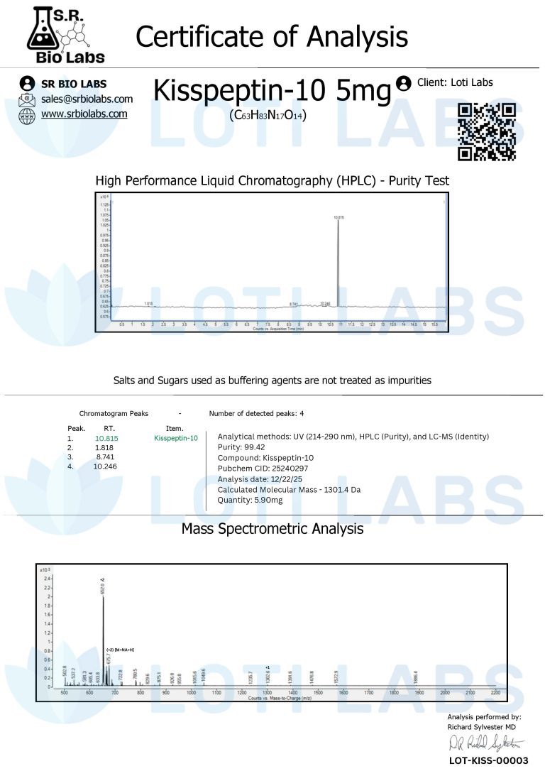 Certificate of analysis for Kisspeptin-10 5mg showing HPLC purity test and mass spectrometric analysis results from SR Bio Labs.