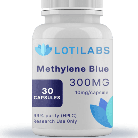 A white bottle labeled "Methylene Blue Capsules (10mg/capsule, 30 capsules)" provides high-quality methylene blue designed for advanced research applications.