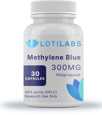 A white bottle labeled "Methylene Blue Capsules (10mg/capsule, 30 capsules)" provides high-quality methylene blue designed for advanced research applications.